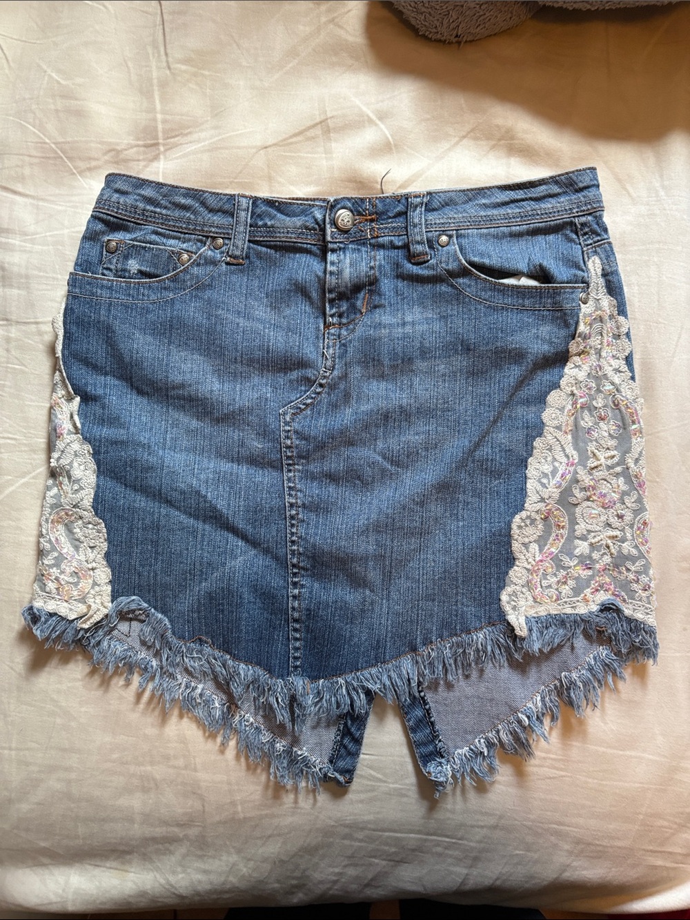 Denim Mini Skirt with Embroidered Lace Panels